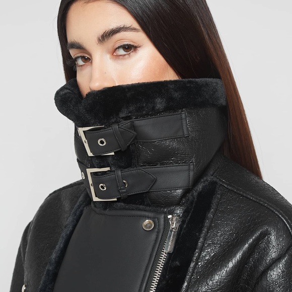 Plush Vegan-Leather Aviator Fall Jacket in Black - Picture 5 of 8